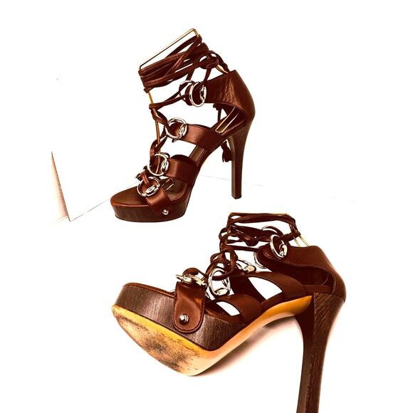 Gucci Bamboo Accent Leather Gladiator Calfskin Strappy Platform Sandals EU 37c - Picture 8 of 12